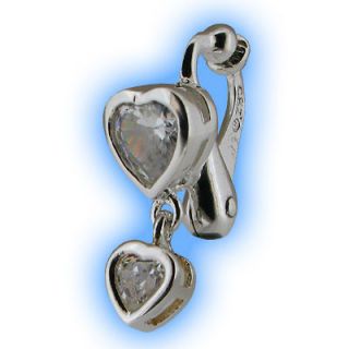 Clear Heart Duo Silver Plate Fake Belly Button Ring Non Piercing Navel 