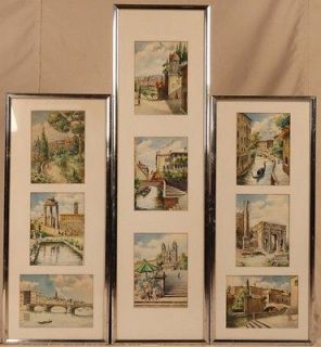 Set of Nine French Venetian Watercolors in Three Frames, Signed, c 