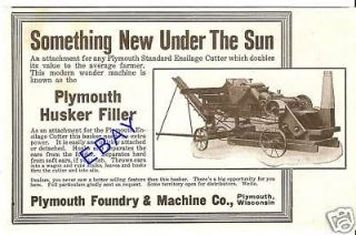1921 PLYMOUTH FOUNDRY CORN HUSKER & SILO FILLER AD WI