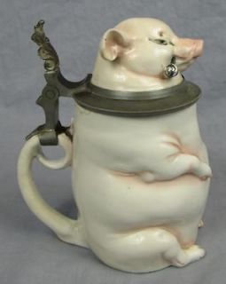 MUSTERSCHUTZ SMOKING PIG FIGURAL STEIN~Uncommon Pipe on Right Side 