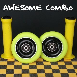 Black Yellow Metal Core Scooter Wheels + Yellow Handle Bar Grips 