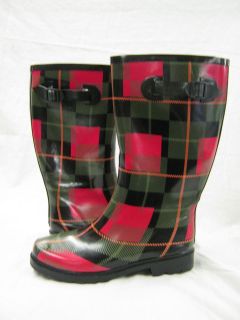 Ladies wellington boot red/black/green checked pattern