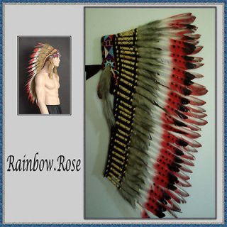 INDIAN CHIEF Headdress 80cm Red Grey fur Stunning Deluxe Native 
