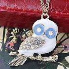 White Enamel Owl Crystal Bead Pendant Chain Necklace Long Sweater 