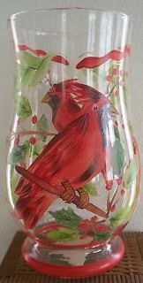 Hand Painted Cardinal Bird Hurricane Glass Candle Holder/Vase 10 Tall 