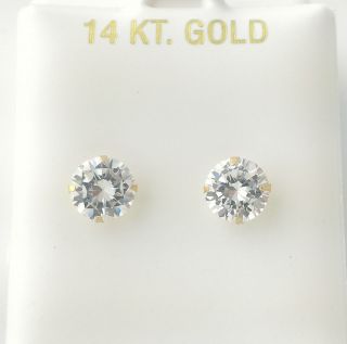 14kt Solid Yellow Gold SuperBright Clear Round CZ Stud Earrings Prong 
