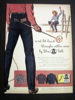   Illustrated Cowboy & Girl in Wrangler Jeans Blue Bell 50s Print Ad