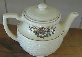 PORCELIER Lg Teapot of Coffee Pot BASKET WEAVE & FLORAL Rare Pattern 
