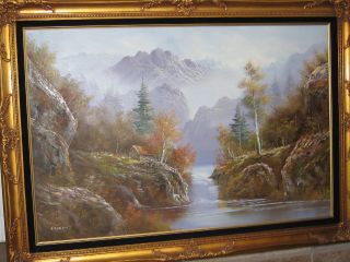 PRICE REDUCTION R. BOREN OIL ON CANVAS, CABIN & MOUNTAIN/WATERFALL 