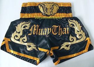 Muay Thai Kick Boxing MMA Shorts Gold Elephant Head Design Satin Black 
