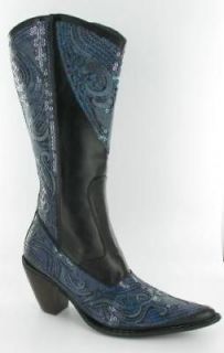Ladys Western Cowboy Beading Sequins Bling Boots Black Blue6 11