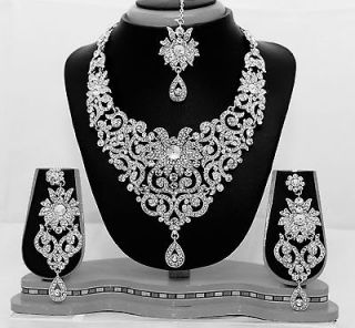   Indian Bridal Silver Diamond Necklace Earrings Tikka Jewellery Set New