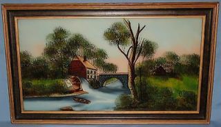 ORIGINAL FRAMED ANTIQUE REVERSE PAINTING ON GLASS GRIST MILL CA 