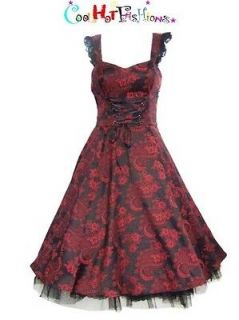 Black Red Brocade Floral 50s Dress Rockabilly Retro pinup Vintage 