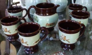 BOURNE DENBY Fox Hunting Scene PITCHER & 6 FOOTED MUGS Mint ENGLAND
