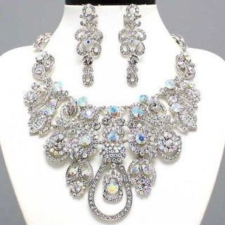   CHUNKY GOLD CLEAR CRYSTAL bridal Evening BIB STATEMENT NECKLACE SET