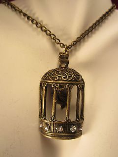 Beautiful 28 Brass Tone Necklace with 2 Bird in Cage Pendant   NOS 