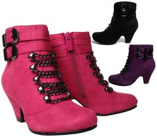 NEW Girls Kids 2 Thick Med Heel Ankle Boots w/ Metal Laces & Buckles 