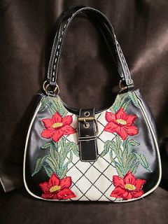 ISABELLE FIORE Beaded Poinsettas & Leaves Black & White Leather Purse 