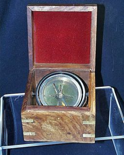 Superior Vintage Floating Compass In Cherry Wood & Brass Box