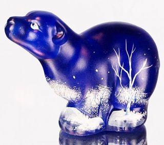   Cobalt Blue Polar Bear w/snow on the ground and on bushes at night