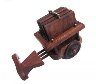 Handmade Wooden Bullock Cart Tea Coasters Set Gift New