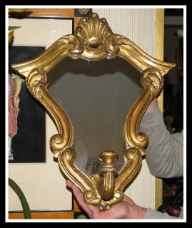 Unusual Antique Giltwood Baroque Sheild Mirror w Candle Sconce NR