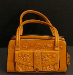 Vintage Carmel Tooled Leather Hangbag Purse Roses & Aztec Calender 