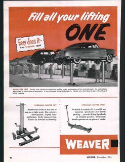 1954 AD Auto Car 2 Page Weaver Garage Service Lifts Jacks Oldsmobile 