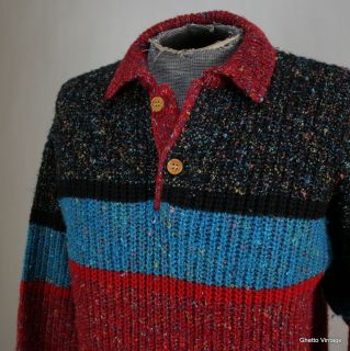 80s OLEG CASSINI Henley Sweater MEDIUM Vtg Jumper Collar Stripe 