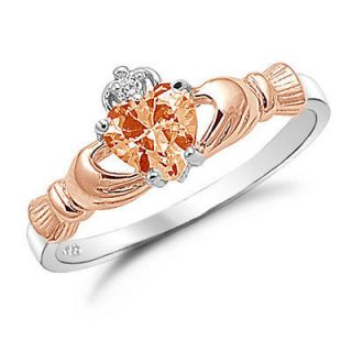 Two Tone Rose Gold Sterling Silver Claddagh Ring Champagne CZ  SR323RG