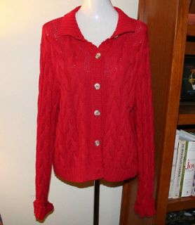 Thick Red Cardigan Sweater Big Buttons Cable Knit OS EUC Bkg & Company 