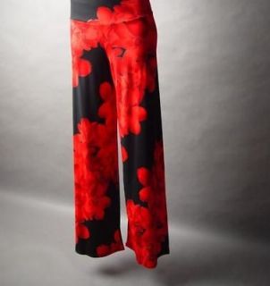 Black Red Asian Exotic Floral Print Banded Waist Palazzo Style Wide 