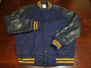   Mens Wool Leather Blue Yellow Sport Varsity Letterman Jacket Coat Sz M