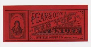 Vintage Pearson Red Top Snuff Chew Tin Can Label *MINT* Must look 