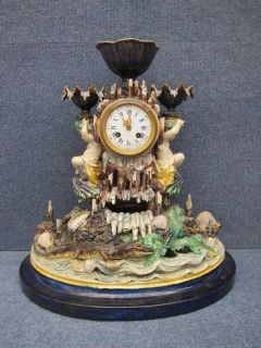 MAJOLICA CLOCK PENDULE WITH PUTTI DOLPHINS AND CROCODILE, SHELLS 