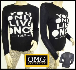 WOMENS NEW LADIES CHUNKY KNITTED YOLO BLACK JUMPER TOP SIZE / 8 10 12 