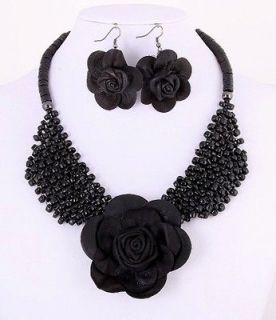 Chunky Gorgeous Black Rose Pendant Multiple Beads Bib Necklace Earring 