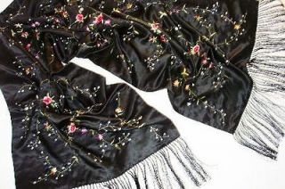 Huge Embroidered Silk Satin Wrap Opera Shawl Scarf Black Multi Floral 