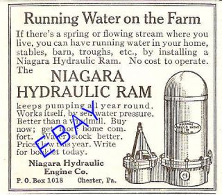 1913 NIAGARA HYDRAULIC RAM AD WATER PUMP CHESTER PA