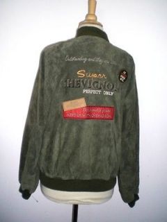 UNIQUE CHEVIGNON OLIVE GREEN SUEDE LEATHER PATCHES EMBROIDERED BOMBER 