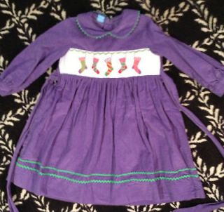   Anavini Sz 2 Smocked Christmas Dress Purple Cord with Stocking Smock