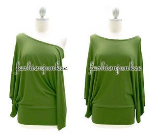 LT OLIVE Long Kimono Jersey Off the Shoulder Top Shirt Batwing Sleeves 