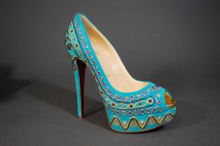 Christian Louboutin BOLLYWOODY Shoes Blue Suede Lady Peep Toe Pumps 40 