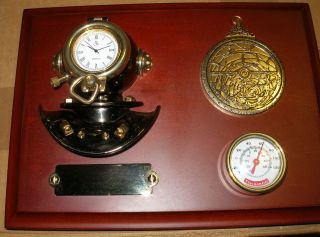   Dark Wood Plaque Antique Brass Diving Helmet Clock &Thermometer New