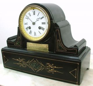 ANTIQUE FRENCH BLACK SLATE STRIKING MANTLE CLOCK 1893 MATCHING SERIAL 