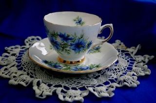 COLCLOUGH ENGLISH BONE CHINA TEA CUP & SAUCER w BLUE FLOWERS ON WHITE 