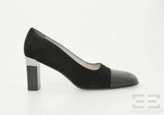 Chanel Black Suede & Patent Leather Cap Toe Square Heel Pumps Size 10 