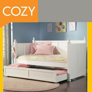 Modern White Wood Day Bed with Storage Trundle Kids