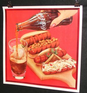 COCA COLA BOTTLE LITHO POSTER HOT DOGS WIENERS 1950 60S RARE 20 X 20 